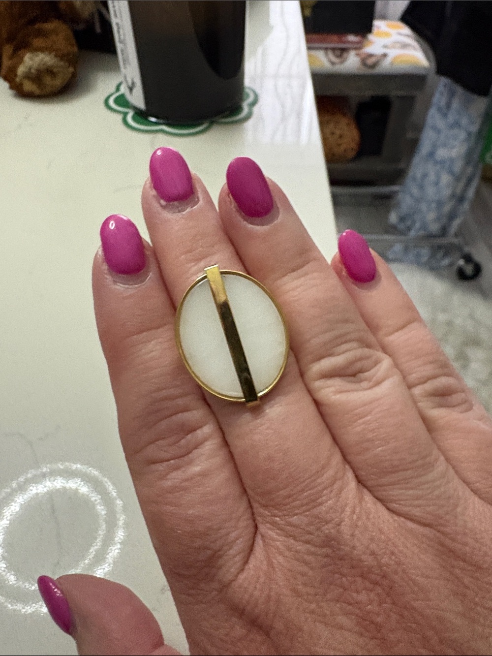 Debbie Katz Marcelle Gold-Tone Ring with White Oval Inlay - Women Jewelry
